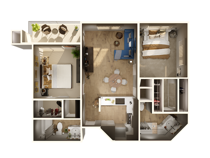 Floor plan for 2 beds, 2 baths, 890 sqft